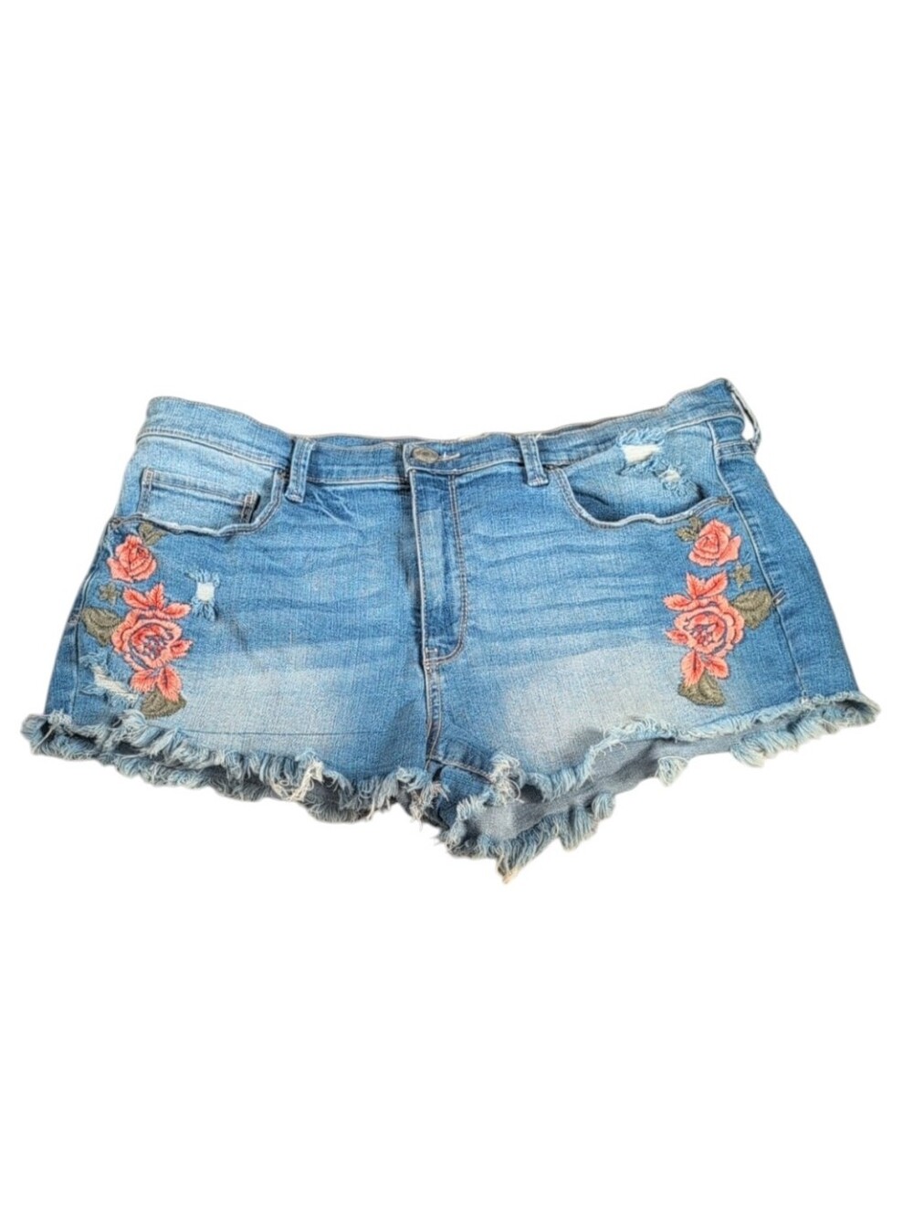 Mudd High-Rise Shortie Light Wash Denim Shorts w/Embroidered Flowers Size 15